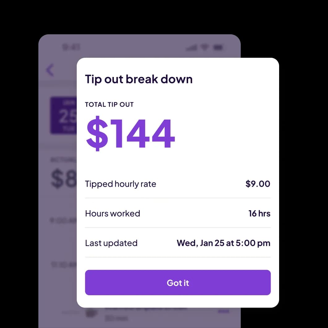 Homebase mobile app showing an employee's tips earned alongside their tipping policy.