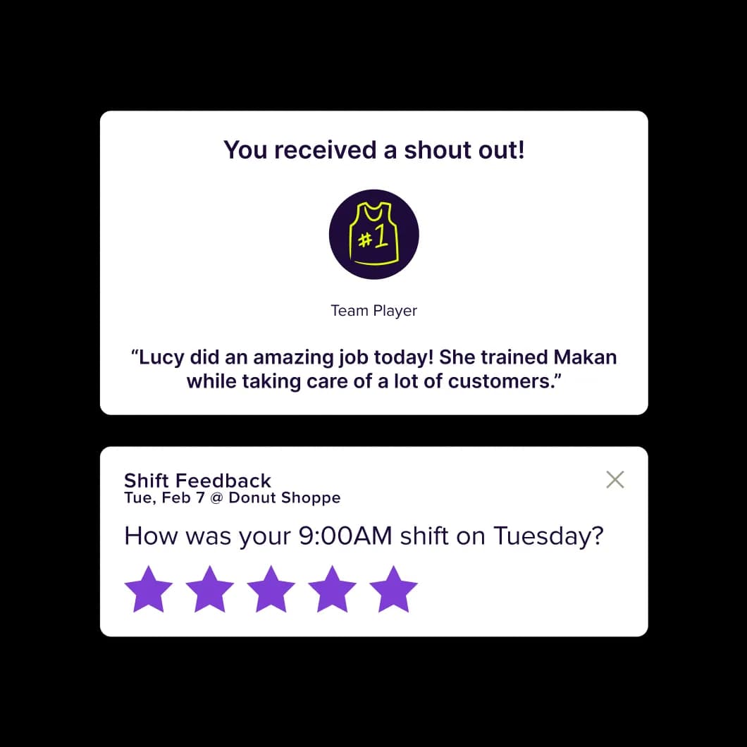 Notification of receiving a shout out with a #1 jersey icon, praising Lucy for training Makan and handling many customers; below, a shift feedback form for a 9:00 AM Tuesday shift with a five-star rating.