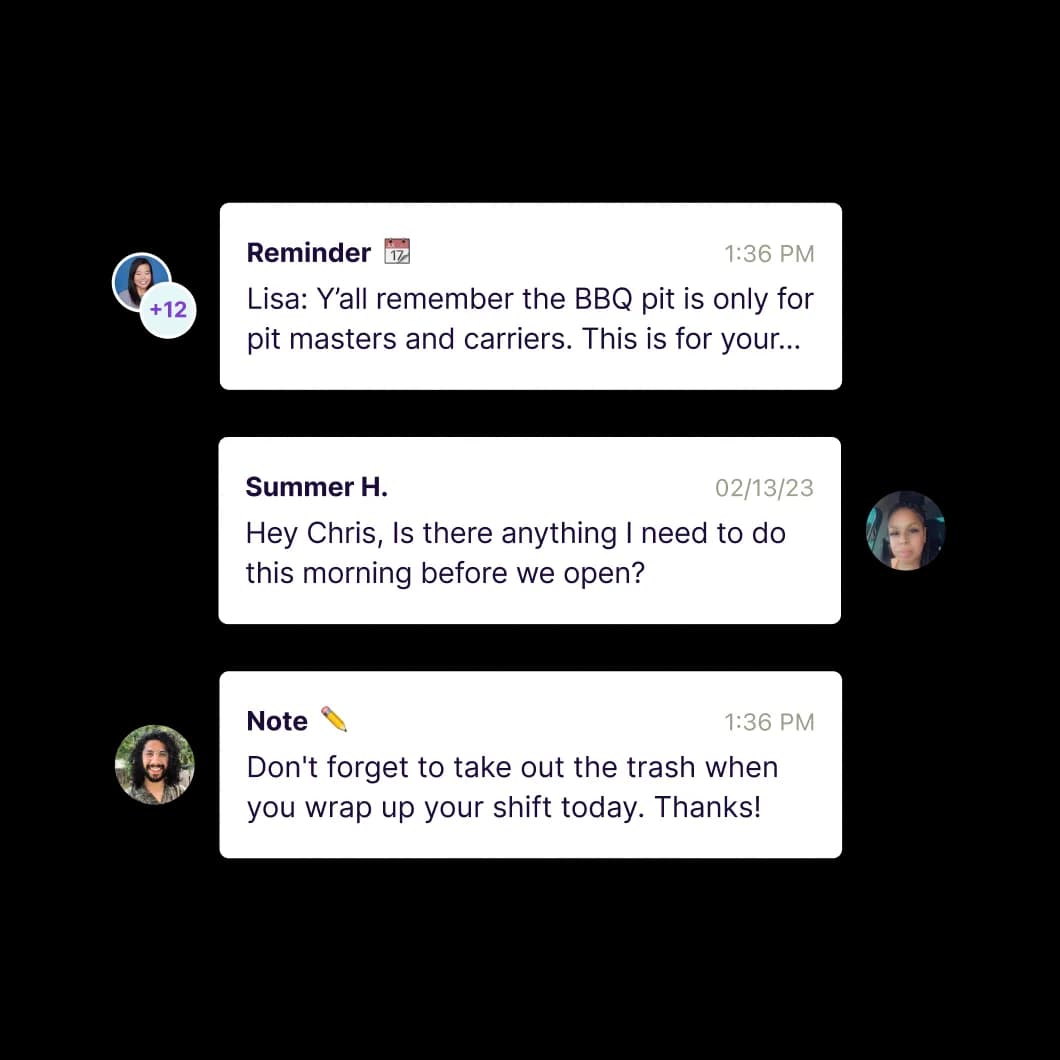 Homebase team chat showing a reminder, a direct message exchange, and a shift note