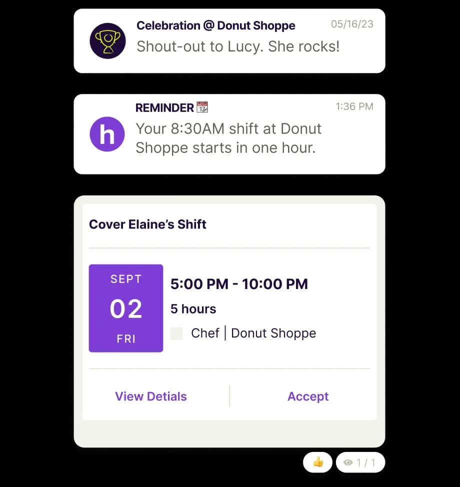 Homebase app notifications showing a team shout-out, a shift reminder, and a shift-cover request card