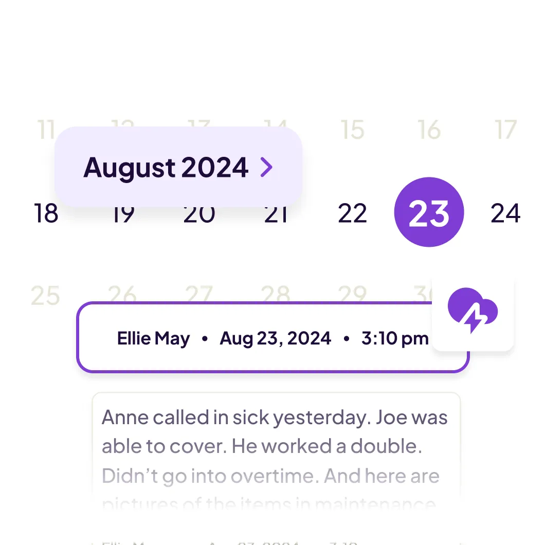 Searchable Homebase log history with an employee performance note attached to a shift