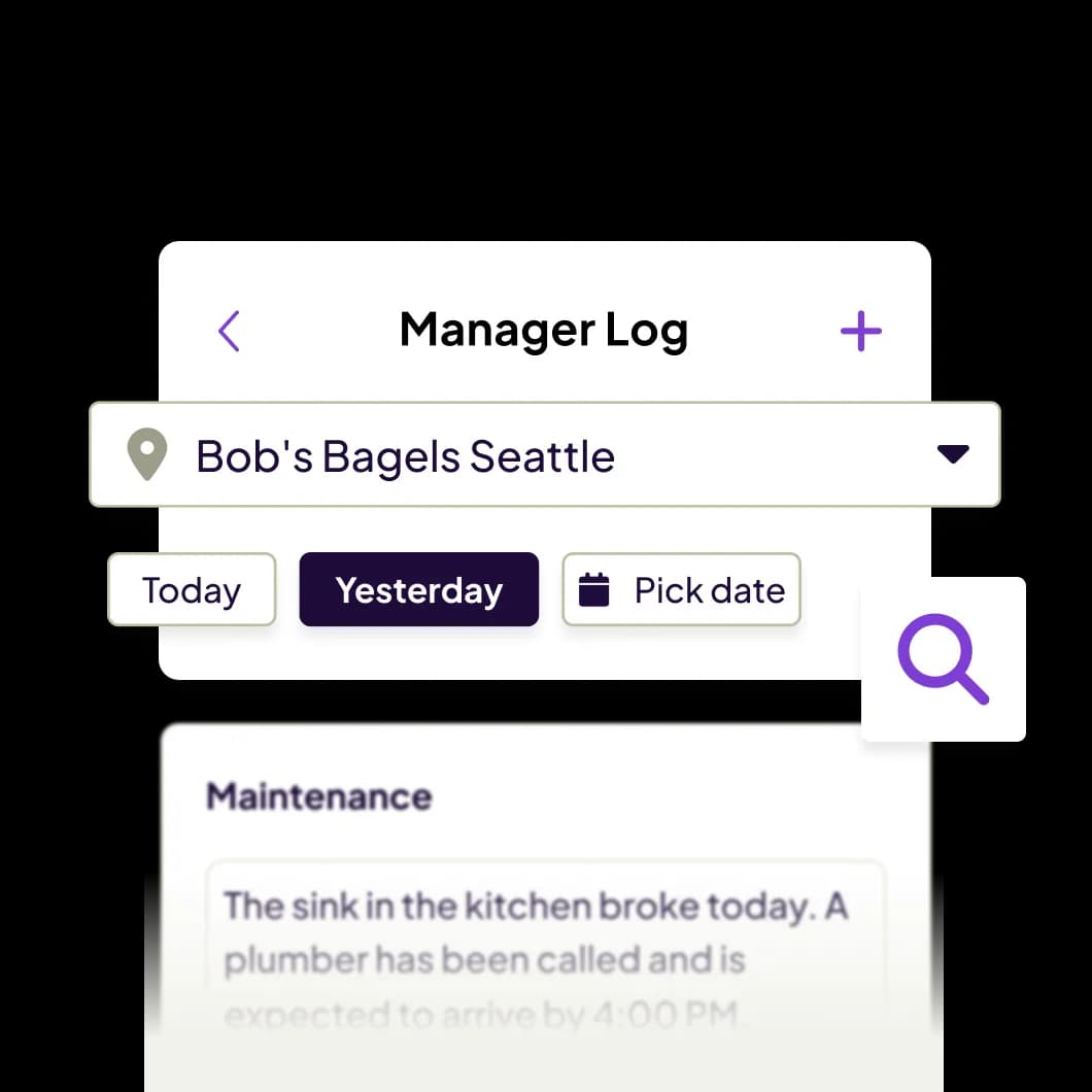 Homebase manager log entry being cleaned up by AI writing help, with a smart suggestion to add a note to an employee’s profile