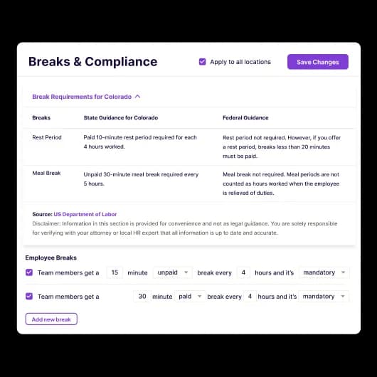 The Homebase Breaks & Compliance settings, showing Colorado break requirements beside state and federal guidance, and editable paid and unpaid employee break rules.