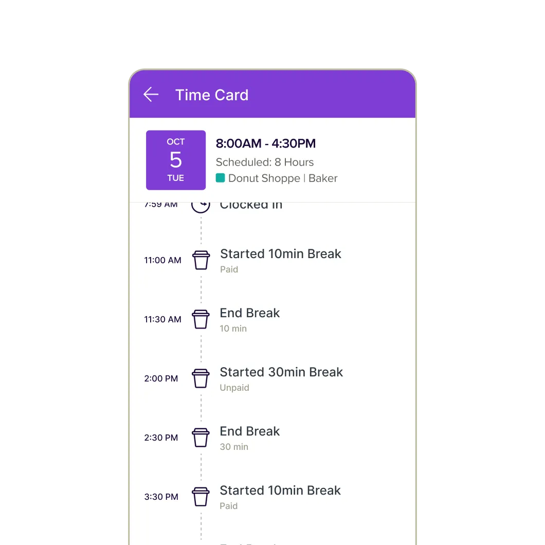 A Homebase time card for a scheduled 8:00AM–4:30PM shift, listing the clock-in and each paid and unpaid break with its time.