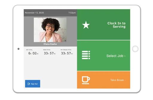 A screenshot of the QuickBooks Time Kiosk clock-in and clock-out screen