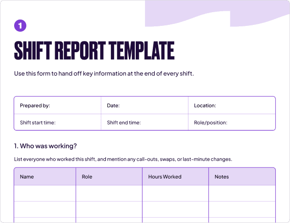 Preview of the Homebase shift report template with shift summary, incident log, team notes, and handoff fields.