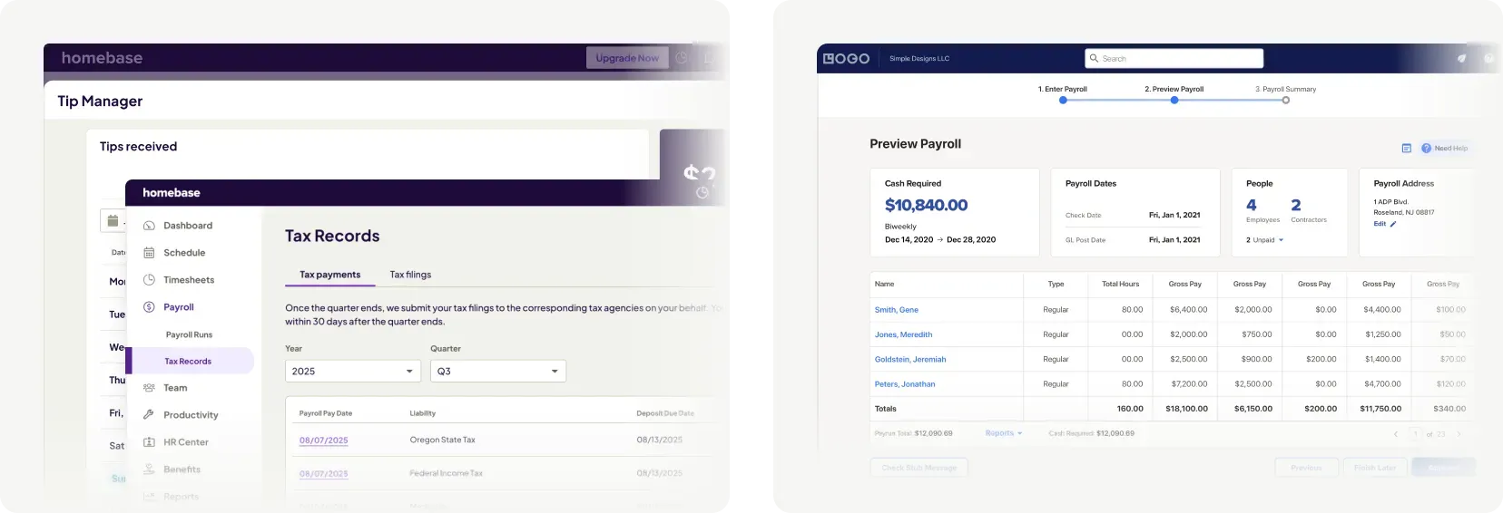 Homebase tip manager and quarterly tax records compared to ADP payroll preview dashboard