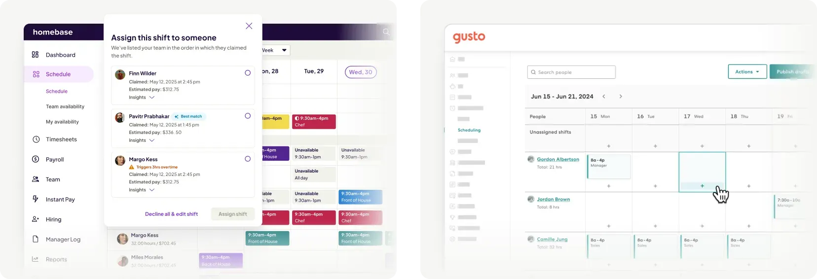 Homebase and Gusto scheduling interface with shift assignment and weekly calendar view