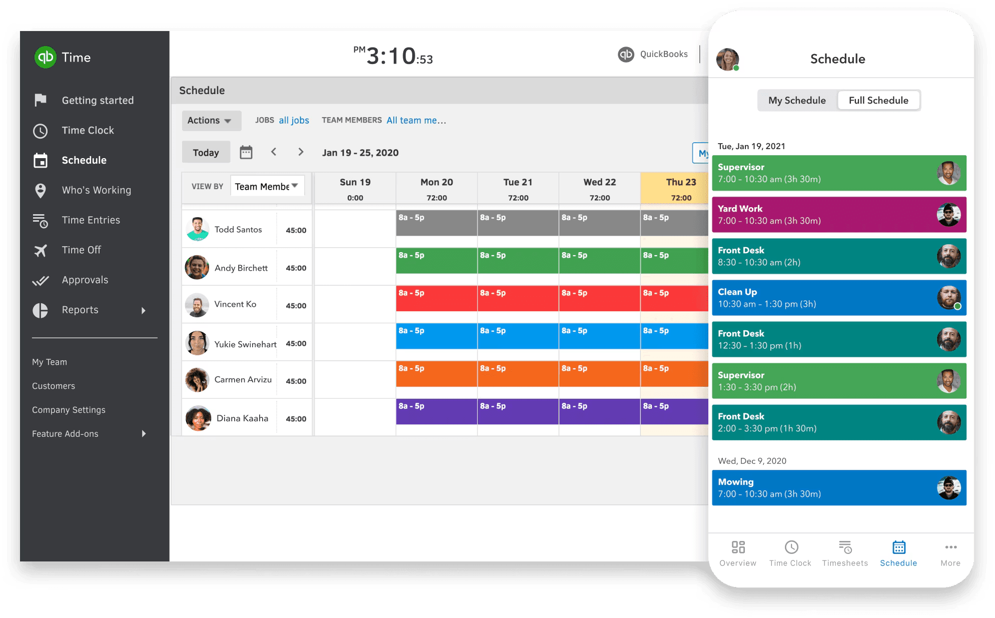 QuickBooks Time dashboard showing timesheet summary synced with QuickBooks Online payroll.