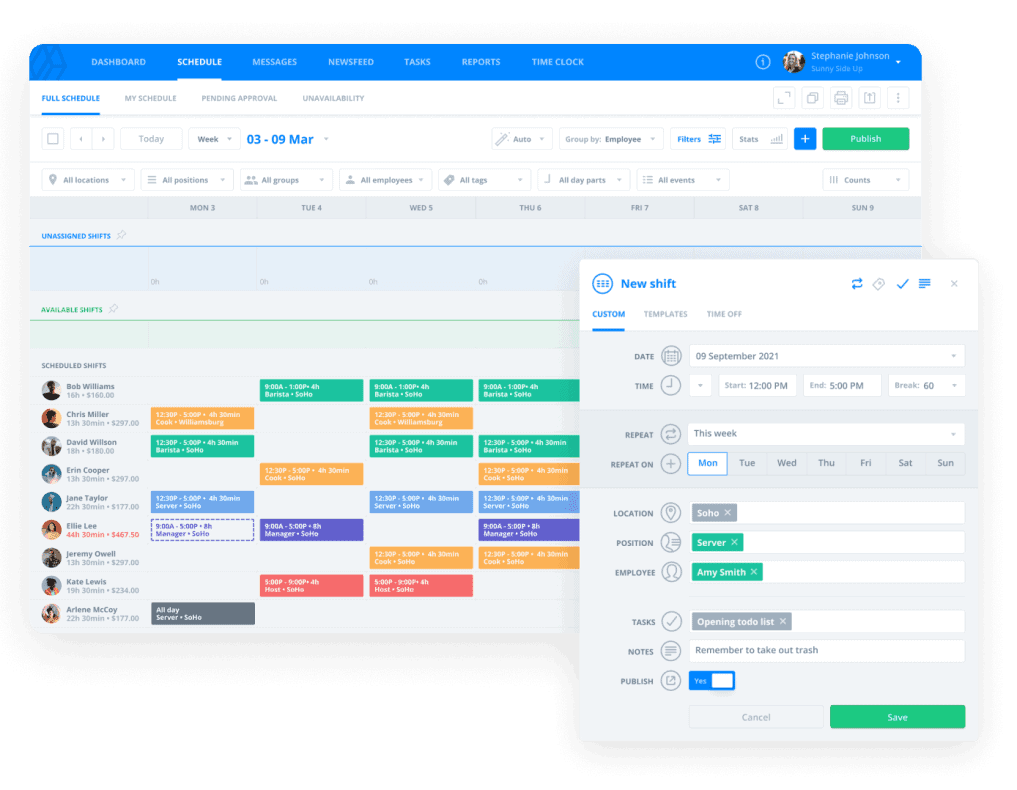 Sling free scheduling dashboard showing weekly shift view with team messaging and open shift claiming.