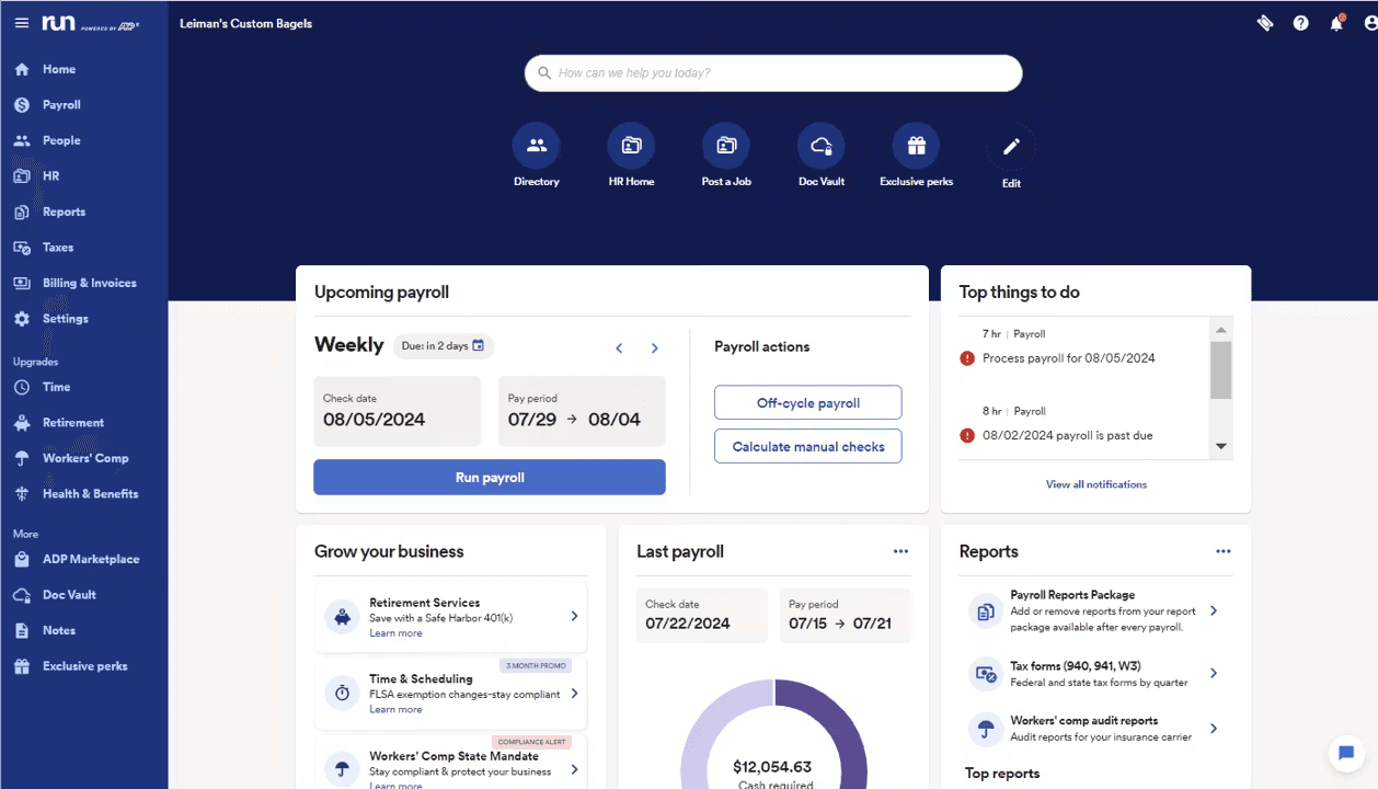 ADP RUN payroll software overview showing payroll tracking, pay periods, and pay reports.