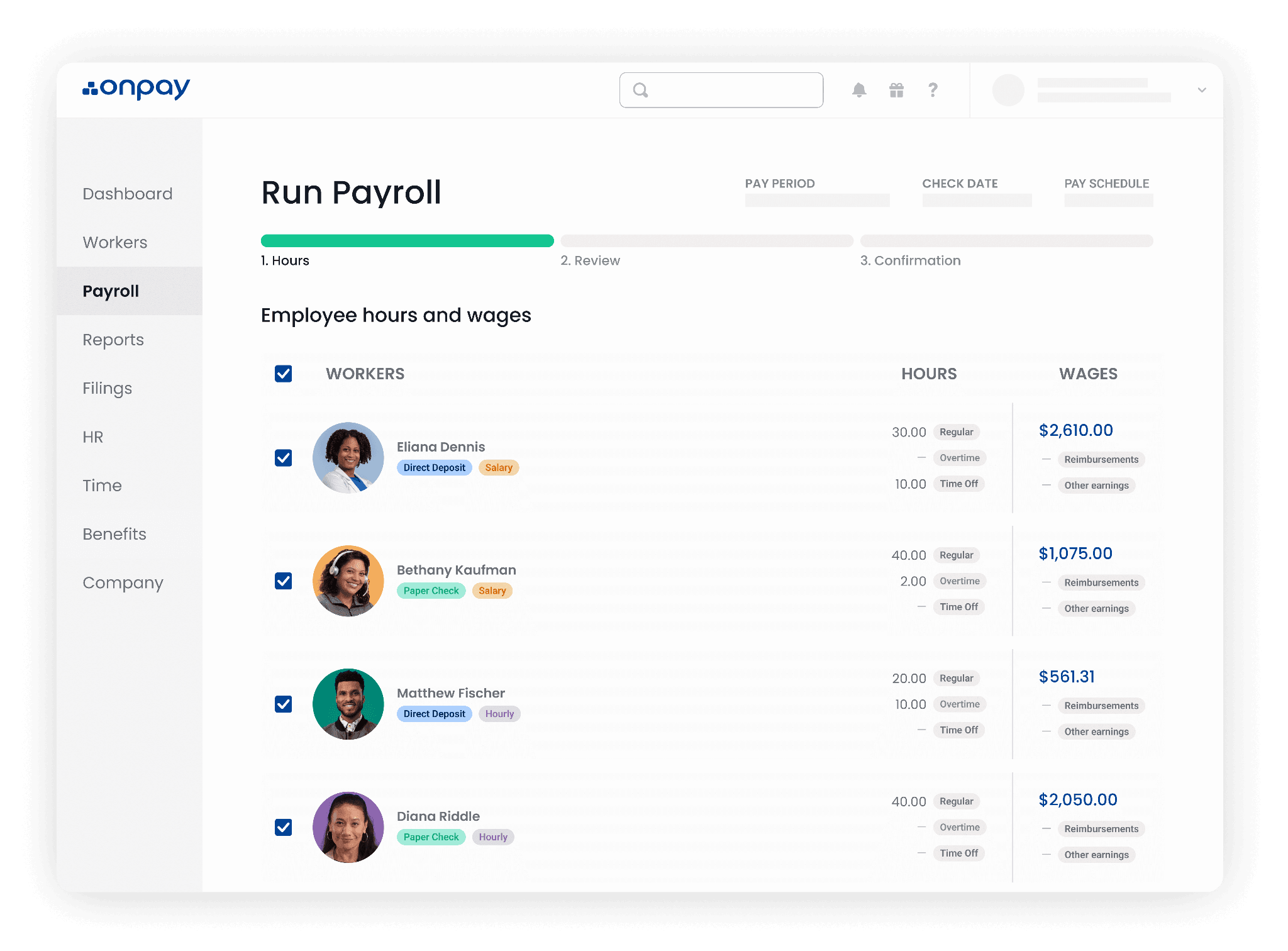 ALT:OnPay payroll software overview showing employee profiles, pay periods, and payroll reports.