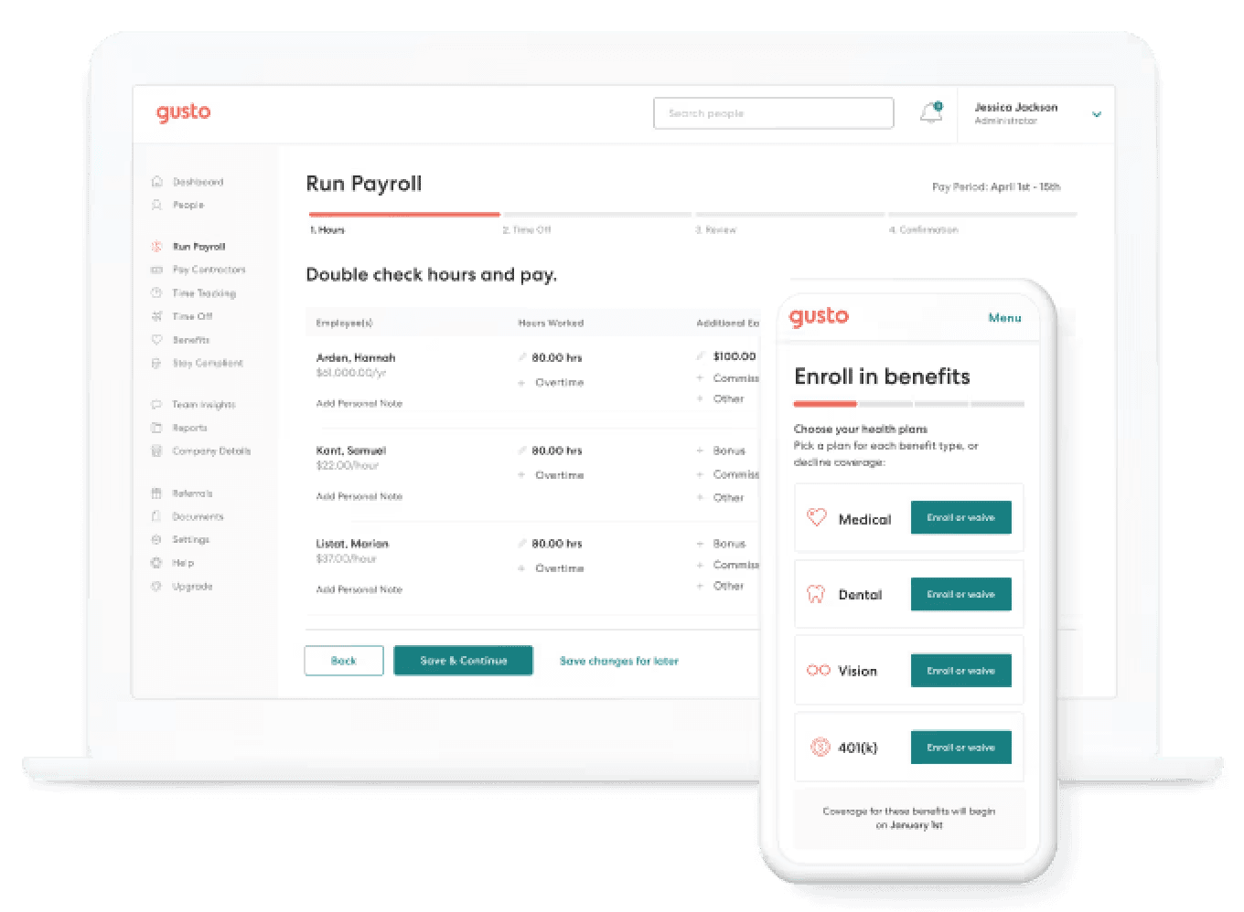 Gusto payroll dashboard showing employee list, pay run setup, and tax filing status for small business