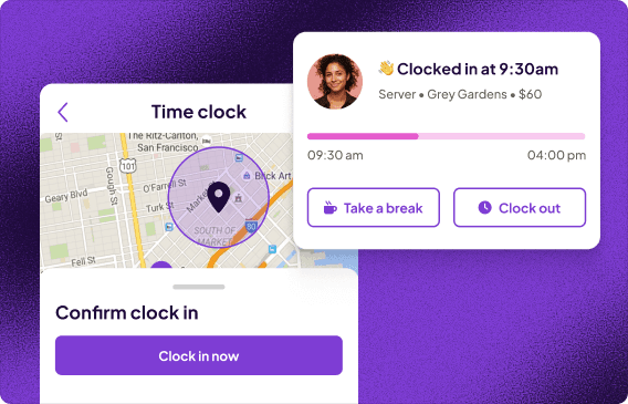 Homebase free time card app on mobile showing employee clock-in, shift schedule, and timesheet view.
