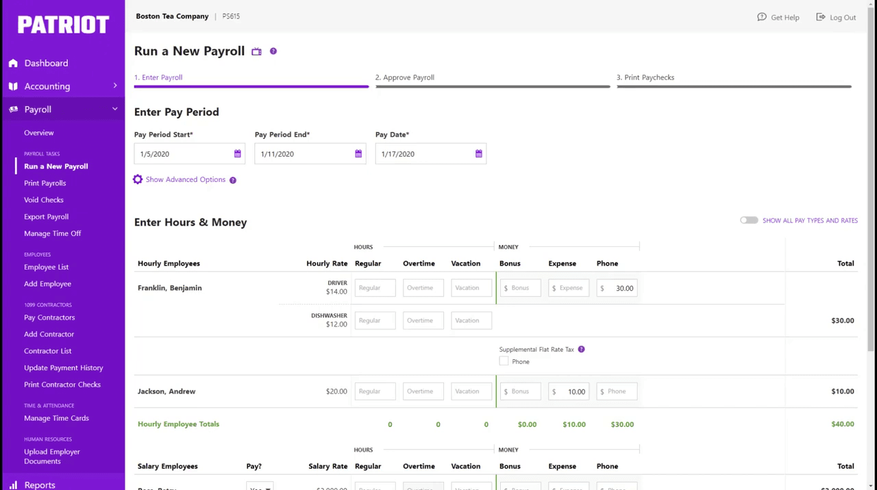 Patriot Payroll dashboard showing basic and full-service payroll setup for very small retail businesses