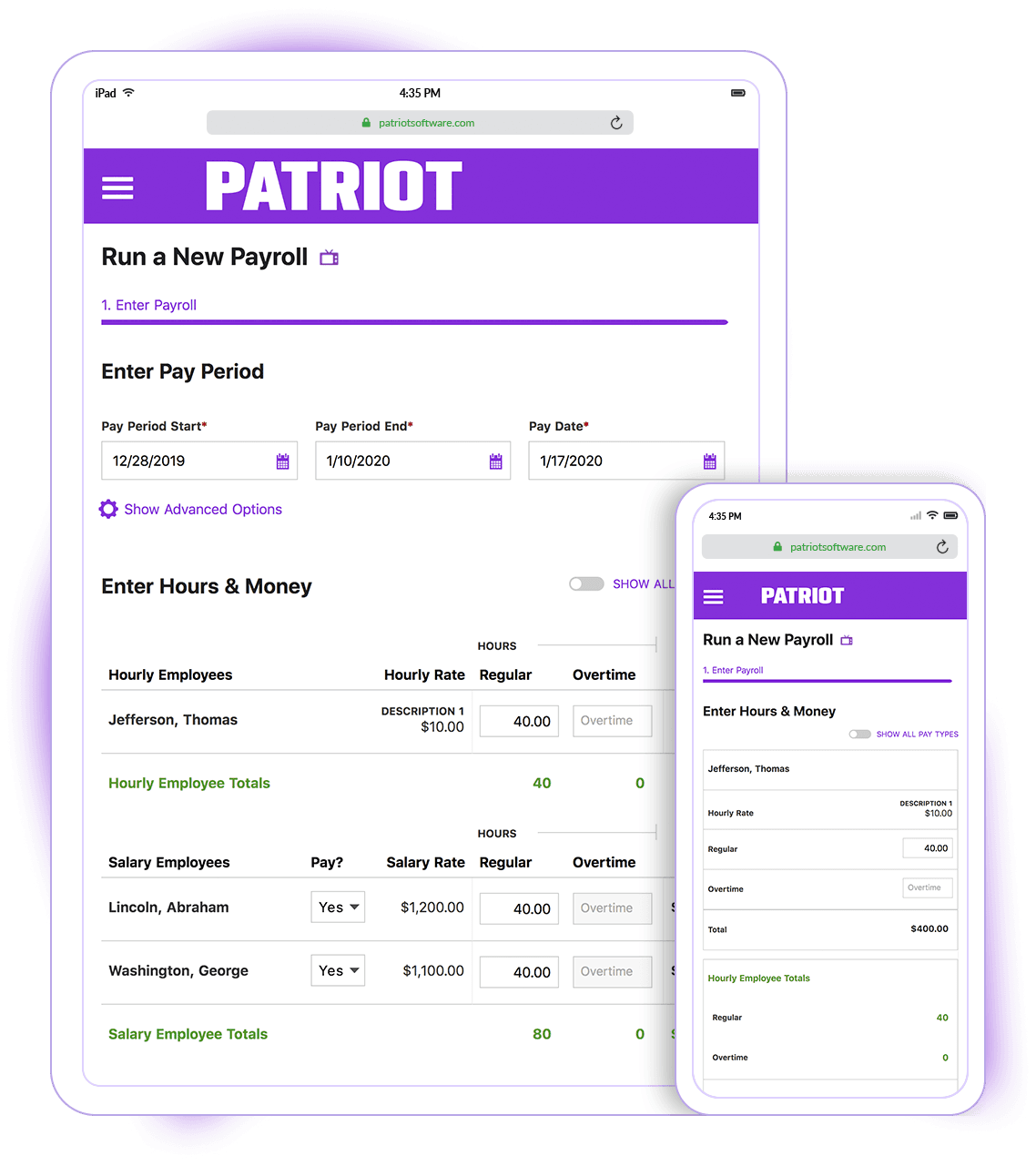 ALT:Patriot software overview showing employee profiles, pay periods, and payroll reports.