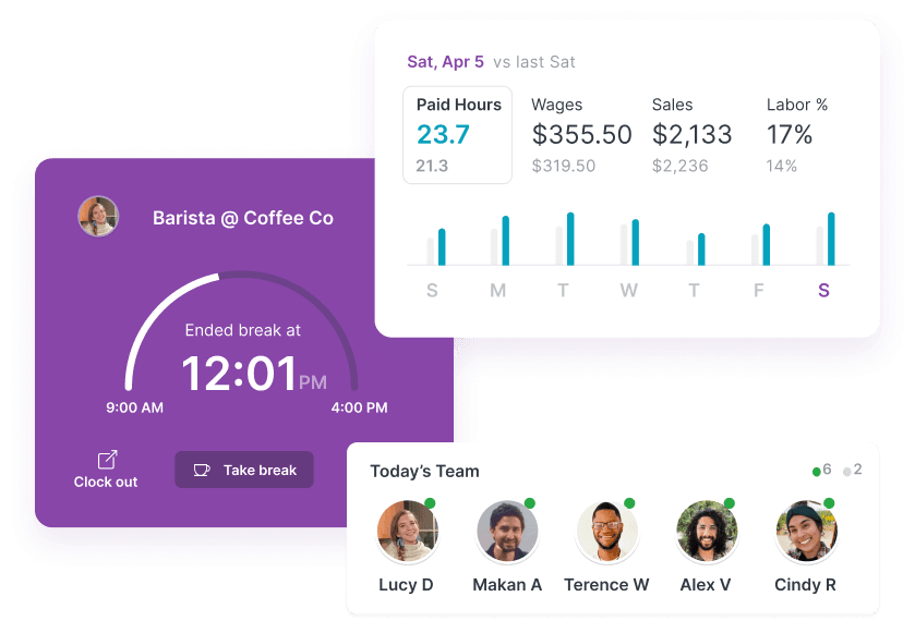 A graphic that shows different views of Homebase's time clock interface.