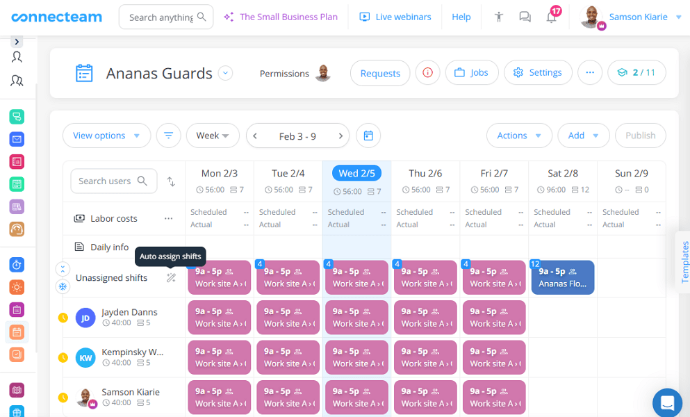 Connecteam employee scheduling software dashboard showing employees, scheduled shifts, hours worked, and labour costs.
