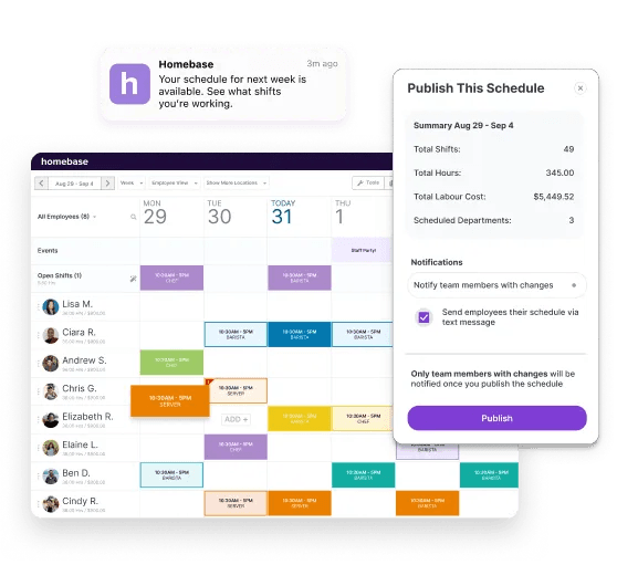Homebase employee scheduling software dashboard showing employees, scheduled shifts, hours worked, and labour costs.