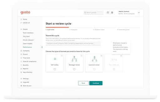 Screenshot of Gusto's HR software platform for small business