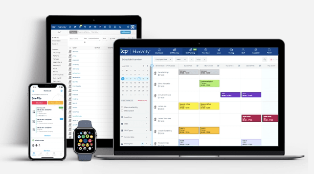 Screenshots of the Humanity app on a desktop, tablet, mobile, and watch display.
