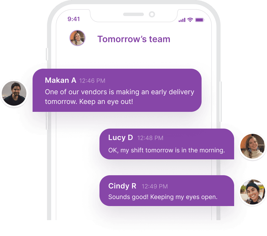 An image of Homebase's built-in messaging tool on mobile, which shows an employee sending messages to team members on the go.