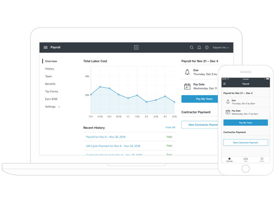 ALT:Square Payroll software overview showing total labor cost, pay periods, and payroll reports.