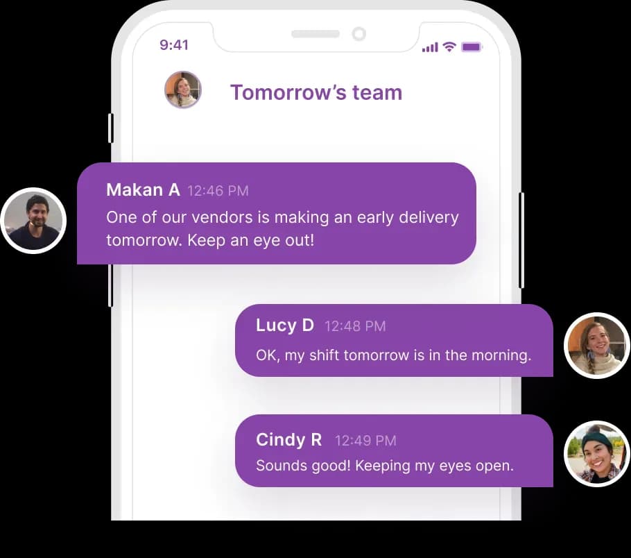 An image of Homebase's built-in messaging tool on mobile, which shows an employee sending messages to team members on the go.