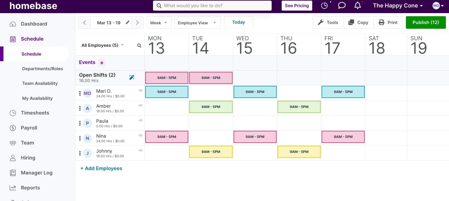 A screenshot of Homebase's schedule builder.