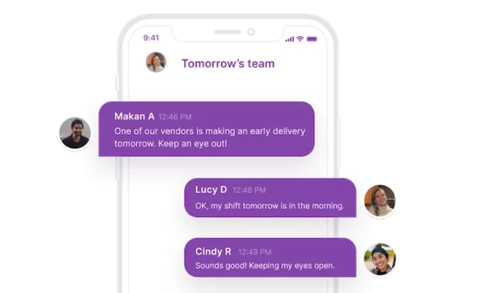A view of the Homebase team communication screen on a smartphone.