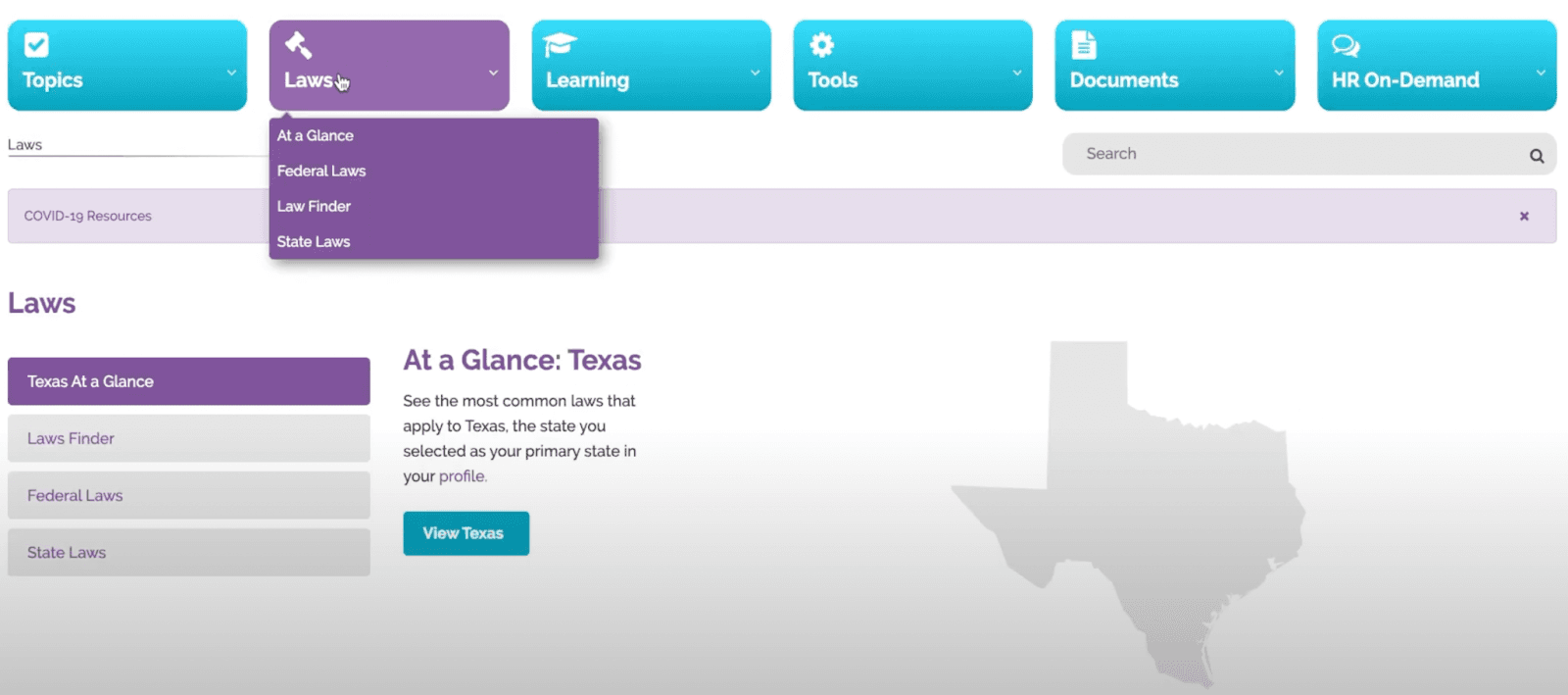 A screenshot of the "laws" tab within the Homebase HR compliance feature.