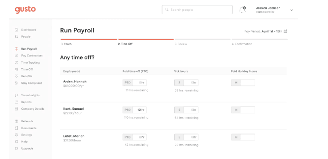 A screenshot of Gusto's payroll interface.