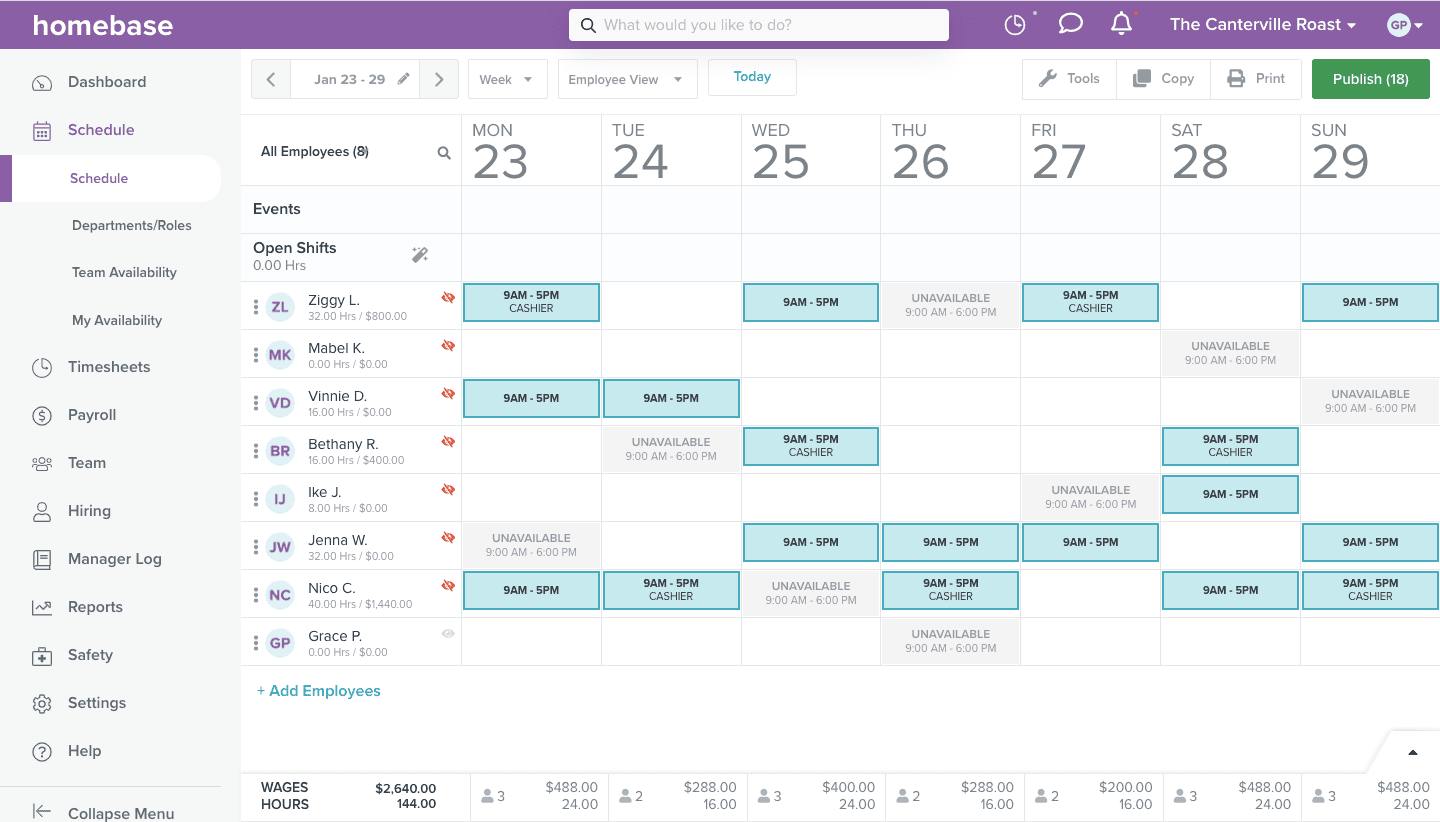 A screenshot of an autopopulated Homebase schedule.