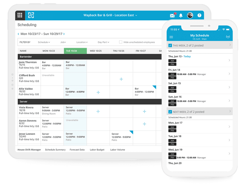 Overlapping screenshots of the HotSchedules dashboard on tablet and mobile.