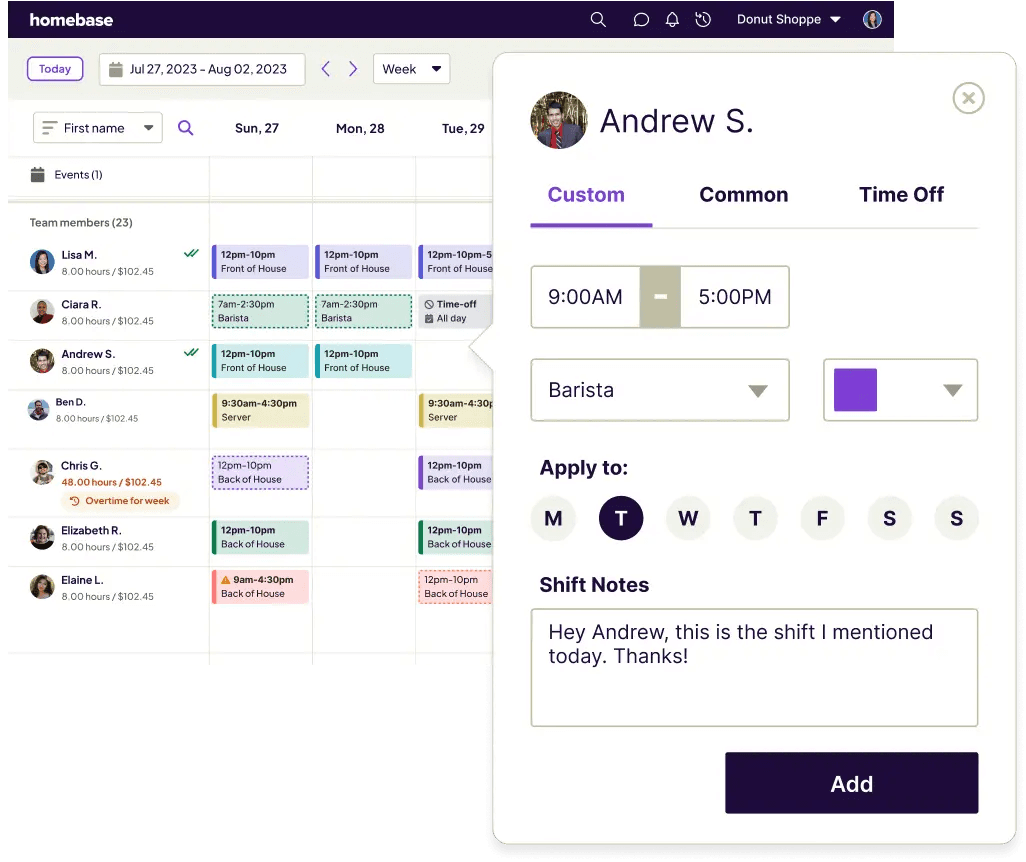 Homebase employee scheduling dashboard.