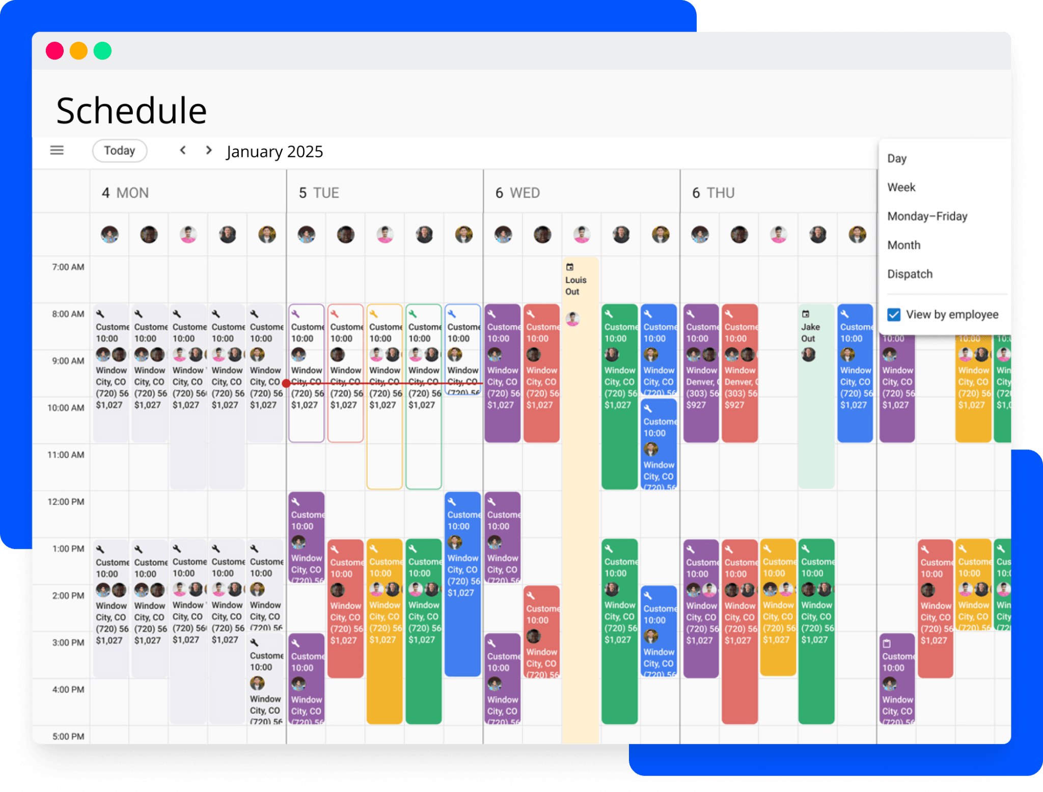 Housecall Pro scheduling software overview showing employees, shift hours, and labour costs.