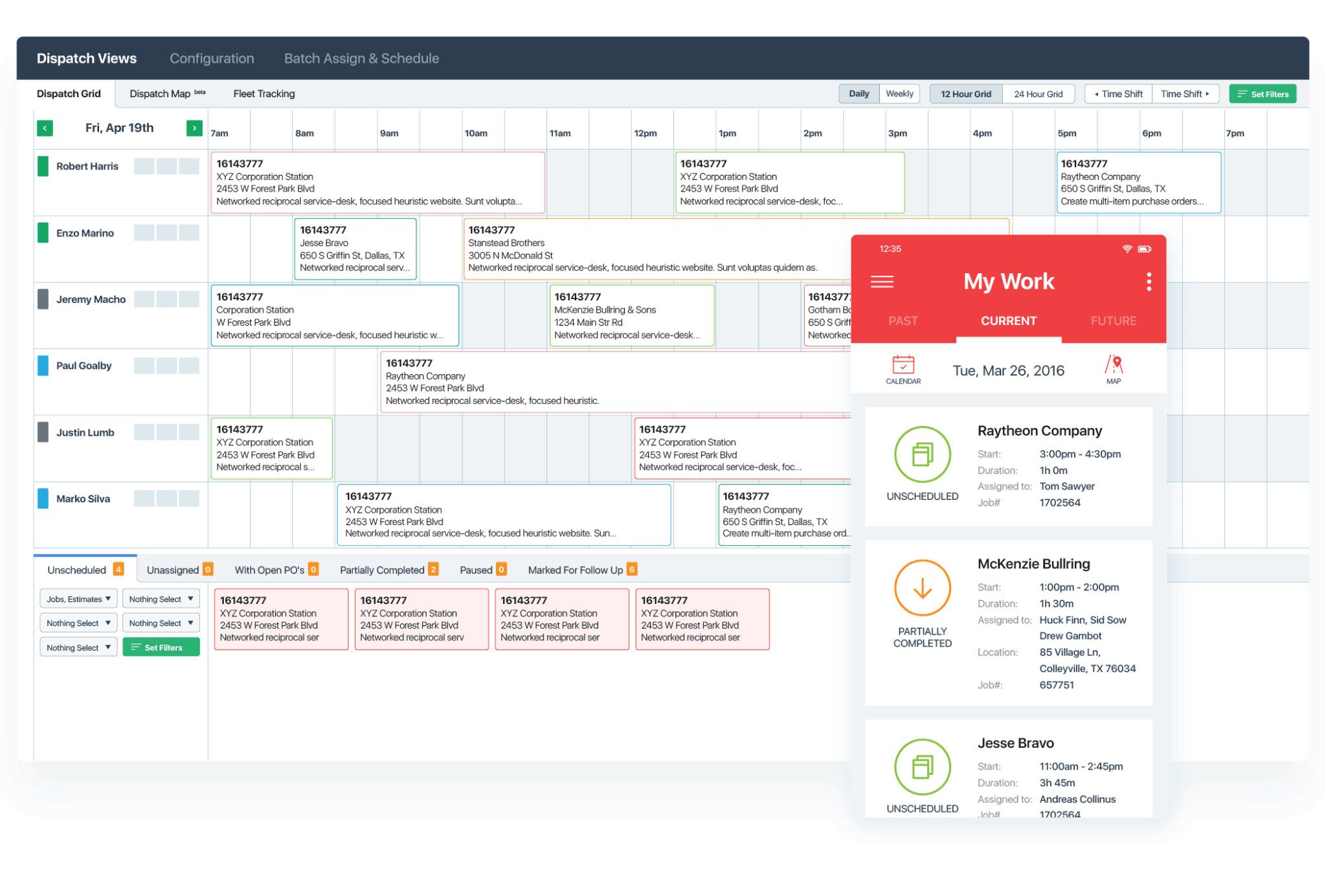 Service Fusion scheduling software overview showing employees, shift hours, and labour costs.