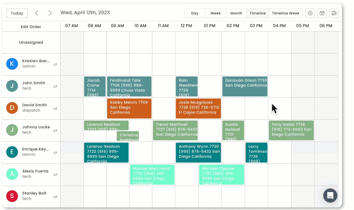 Workiz scheduling software overview showing employees, shift hours, and labour costs.