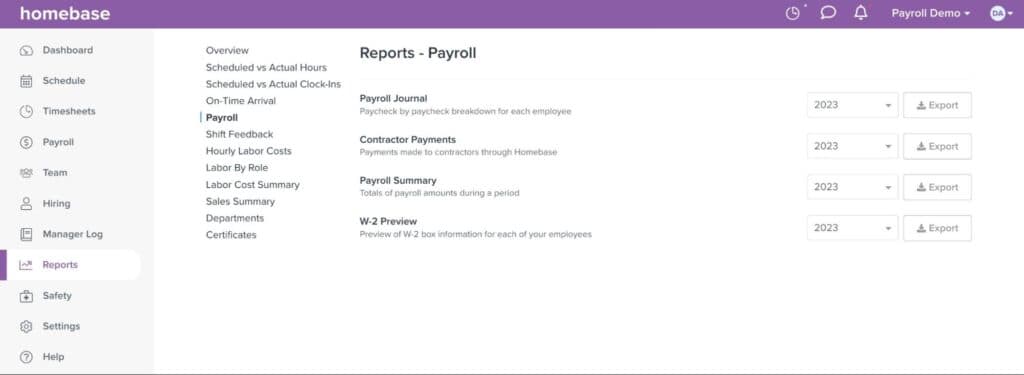 A screenshot of the payroll feature on Homebase.