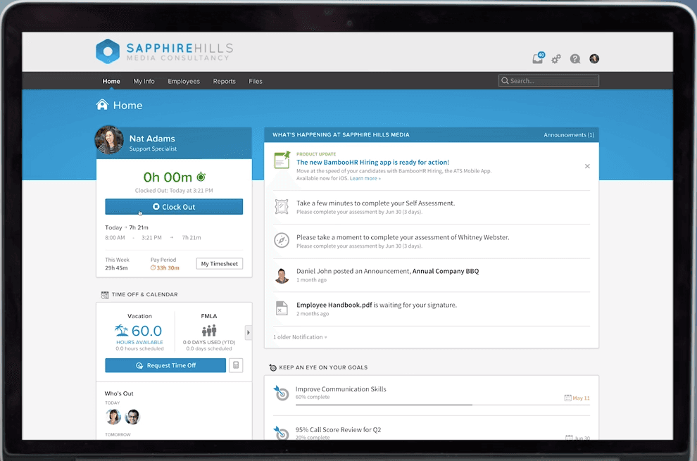 Screenshot of BambooHR's employee dashboard.
