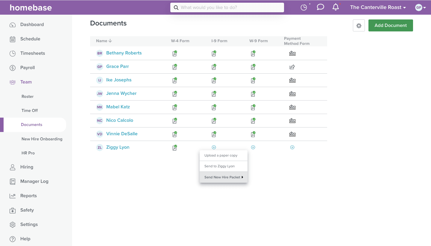 Screenshot of a user adding a new hire to the document manager.
