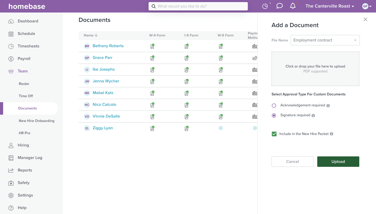 A screenshot of the document manager on Homebase.