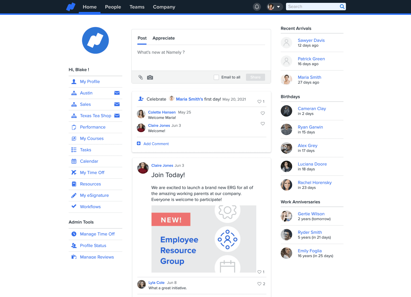 A screenshot of the Namely dashboard.
