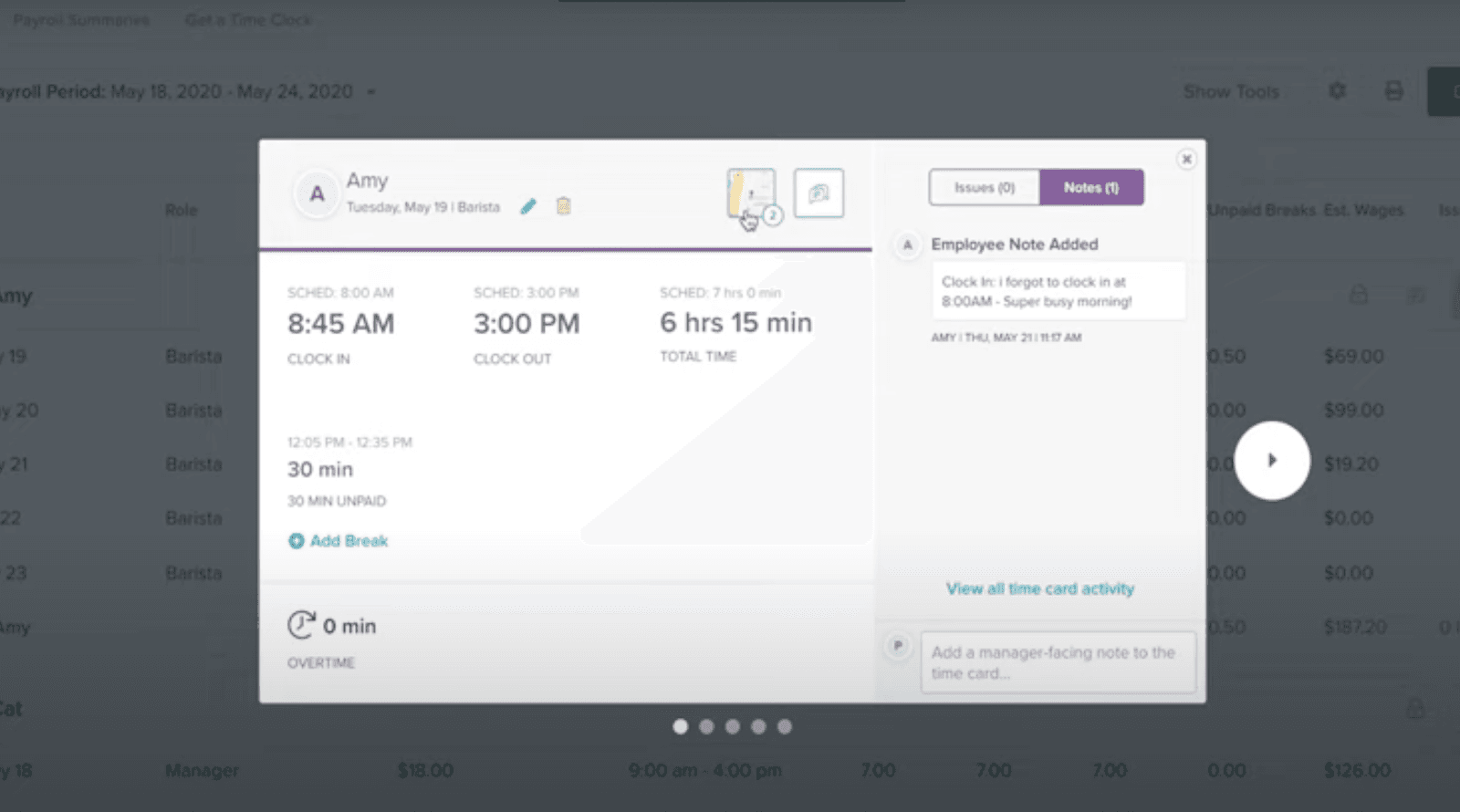 Payroll data displayed on Homebase's interface.