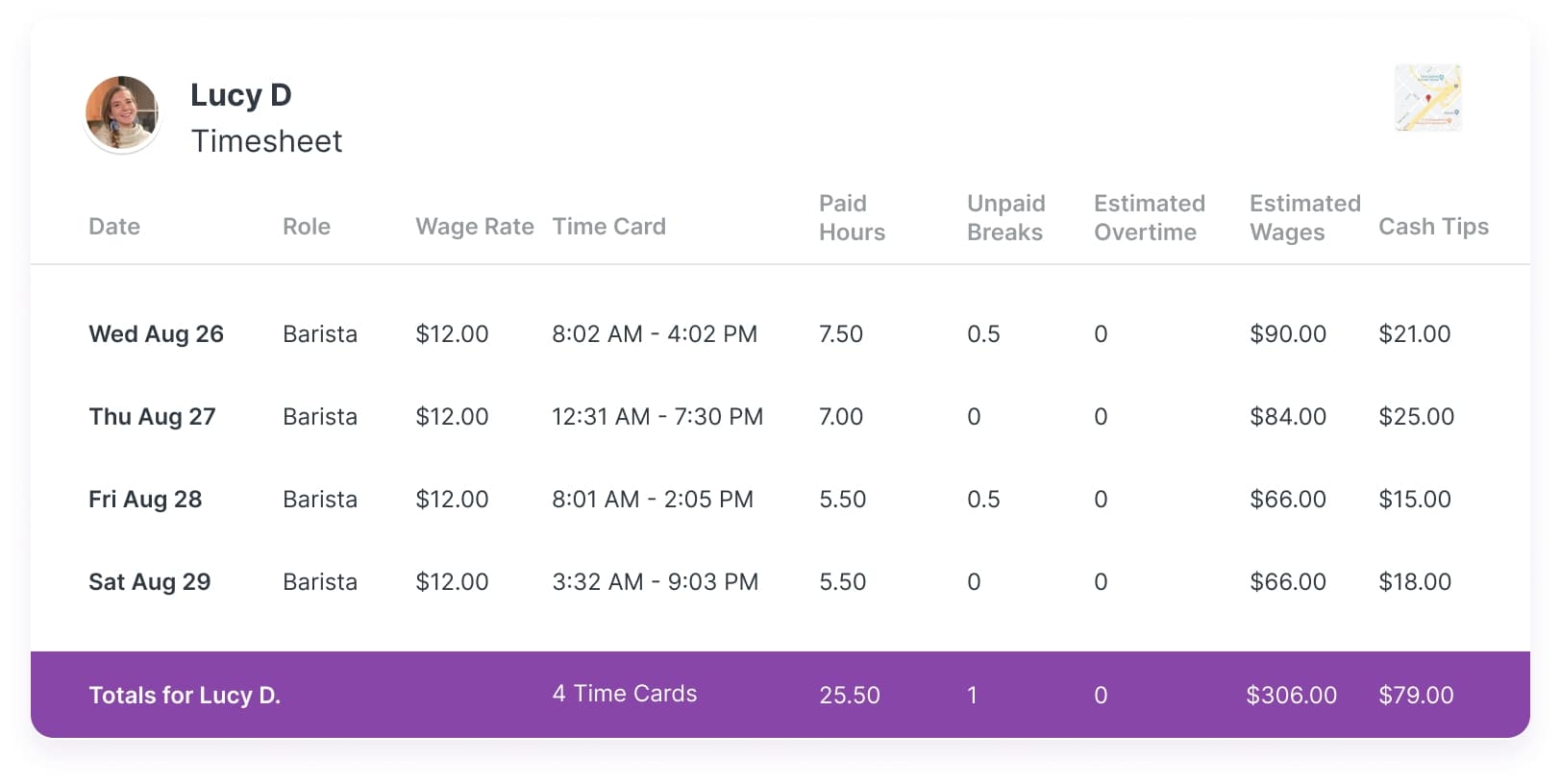 screenshot of Homebase timesheets
