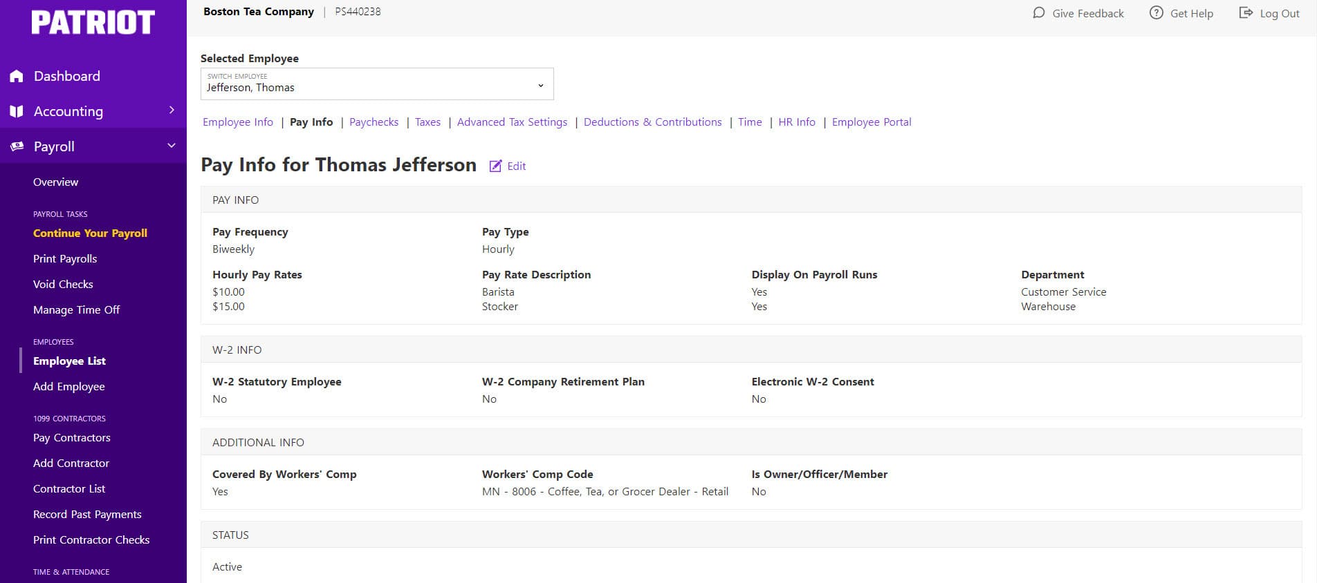 screenshot of Patriot’s HR tool interface