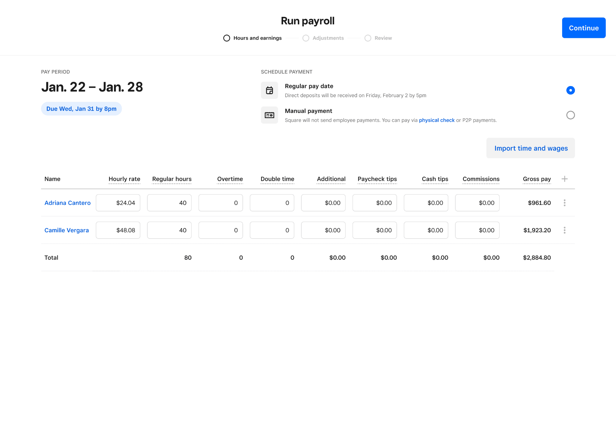 Square Payroll run screen for a small cafe with tips imported