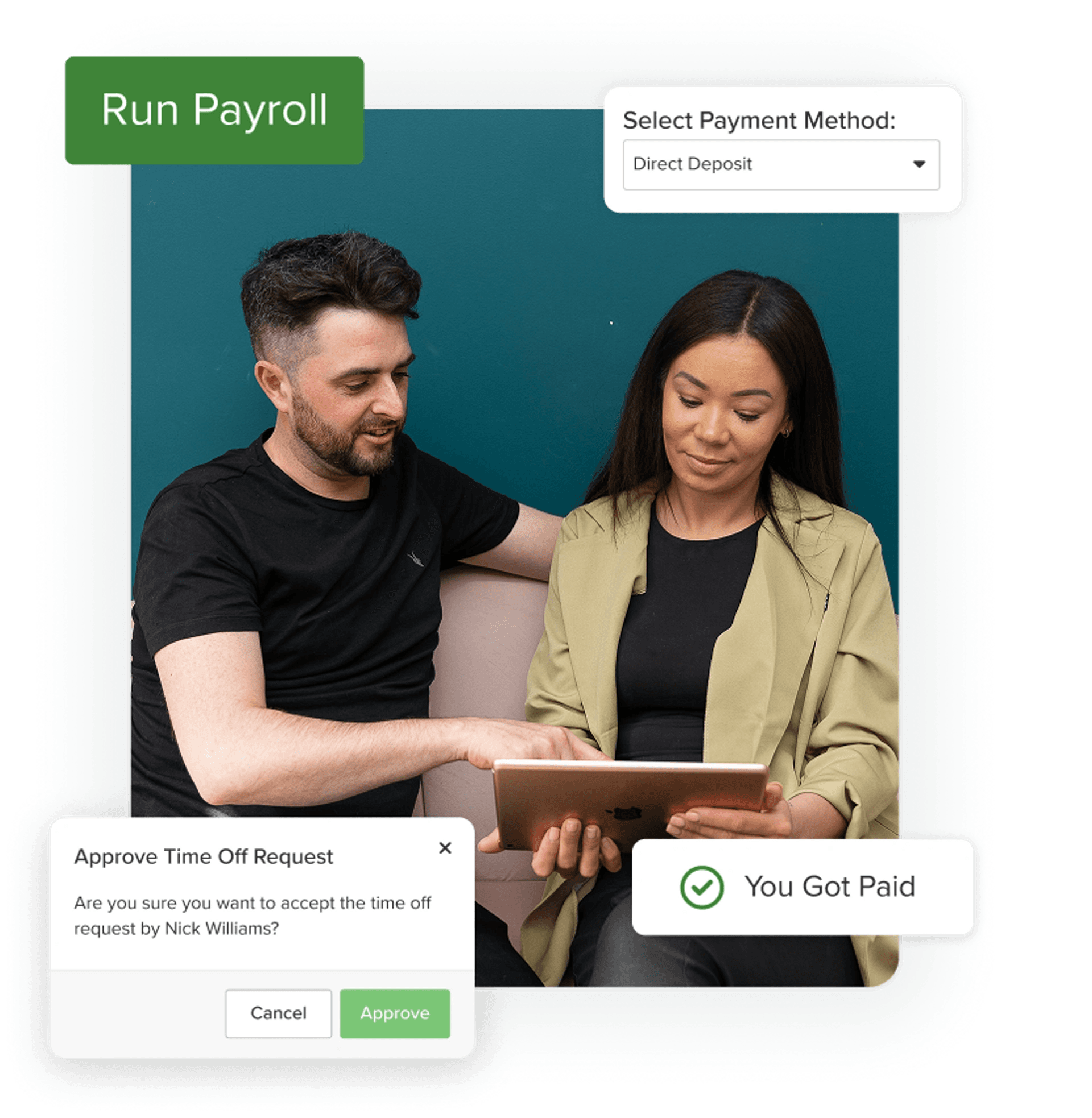 Vagaro payroll software overview showing capabilities like payment method, time off requests, and payroll confirmation.