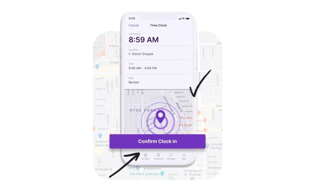 A view of Homebase’s time clock tools on a smartphone.