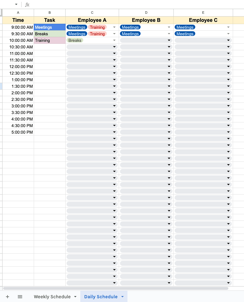 Google sheet daily schedule template example.